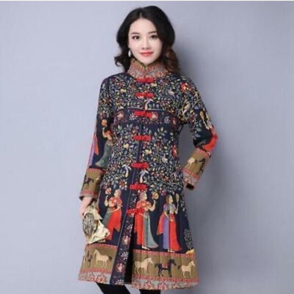 Qianbaiy Chinese Style Printed Quilted Long Coat Jacket S - Picture 2 of 16